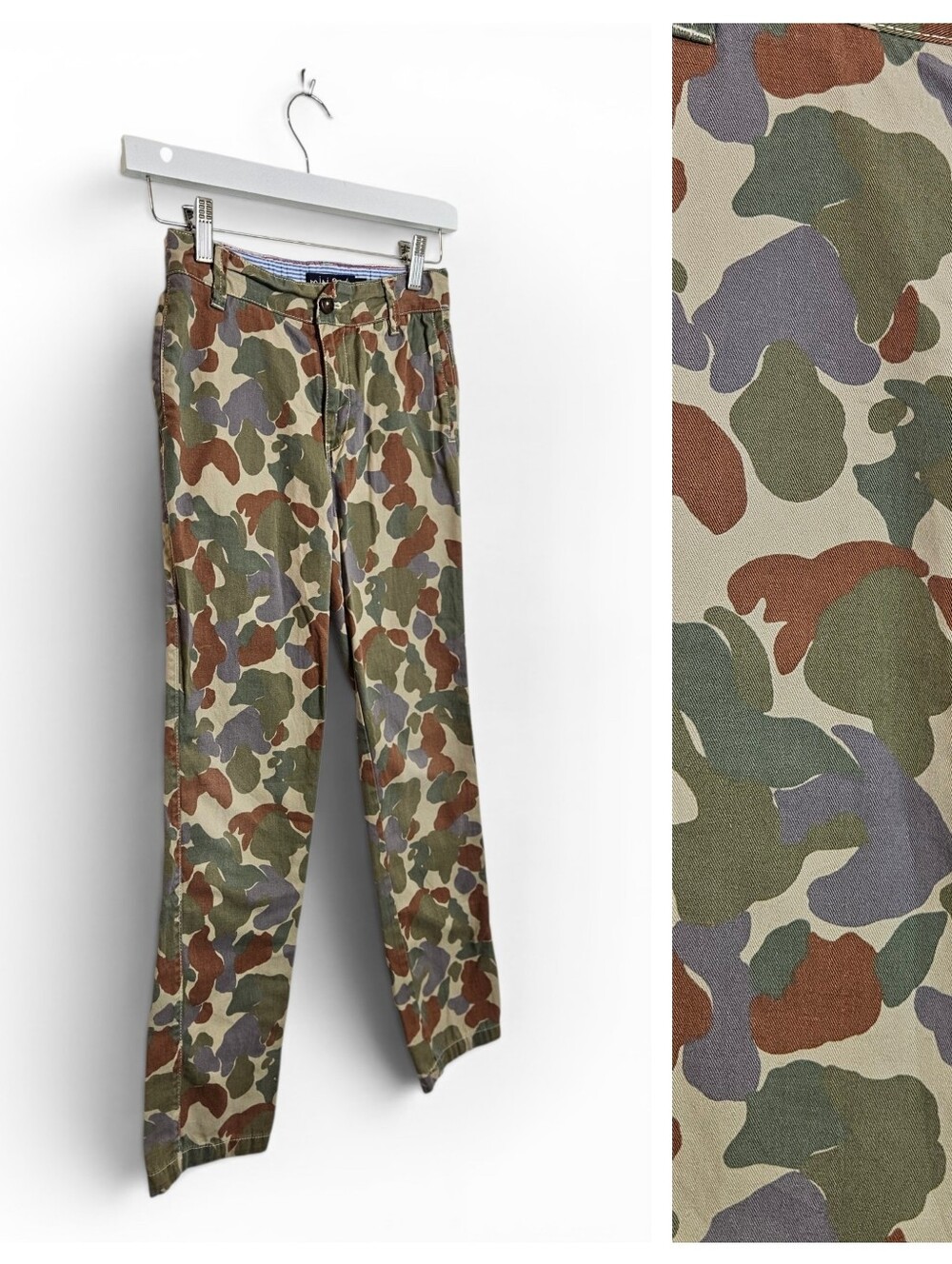 Mini Boden Duck Camo Cargo Pants Kids 10Y Cotton Adjustable Waist Earth Tone